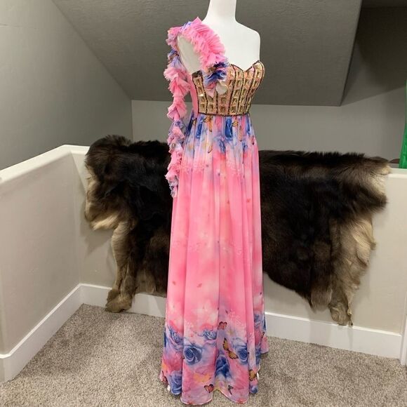 New One-Shoulder Floral Print Chiffon Gown With Beads - Picture 2 of 15